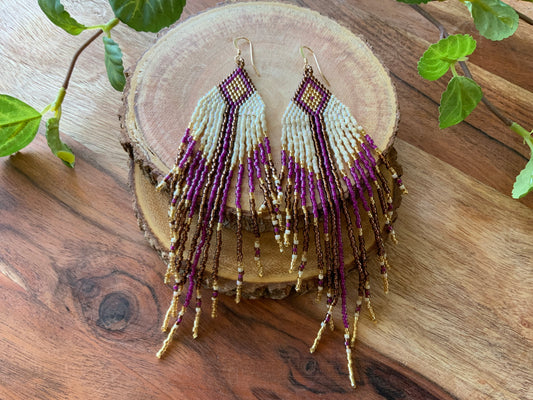 Nova Fringe Earrings-Purple, Cream & Bronze