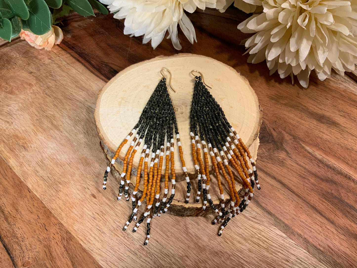 Smoky Black and Mustard Fringe Earrings